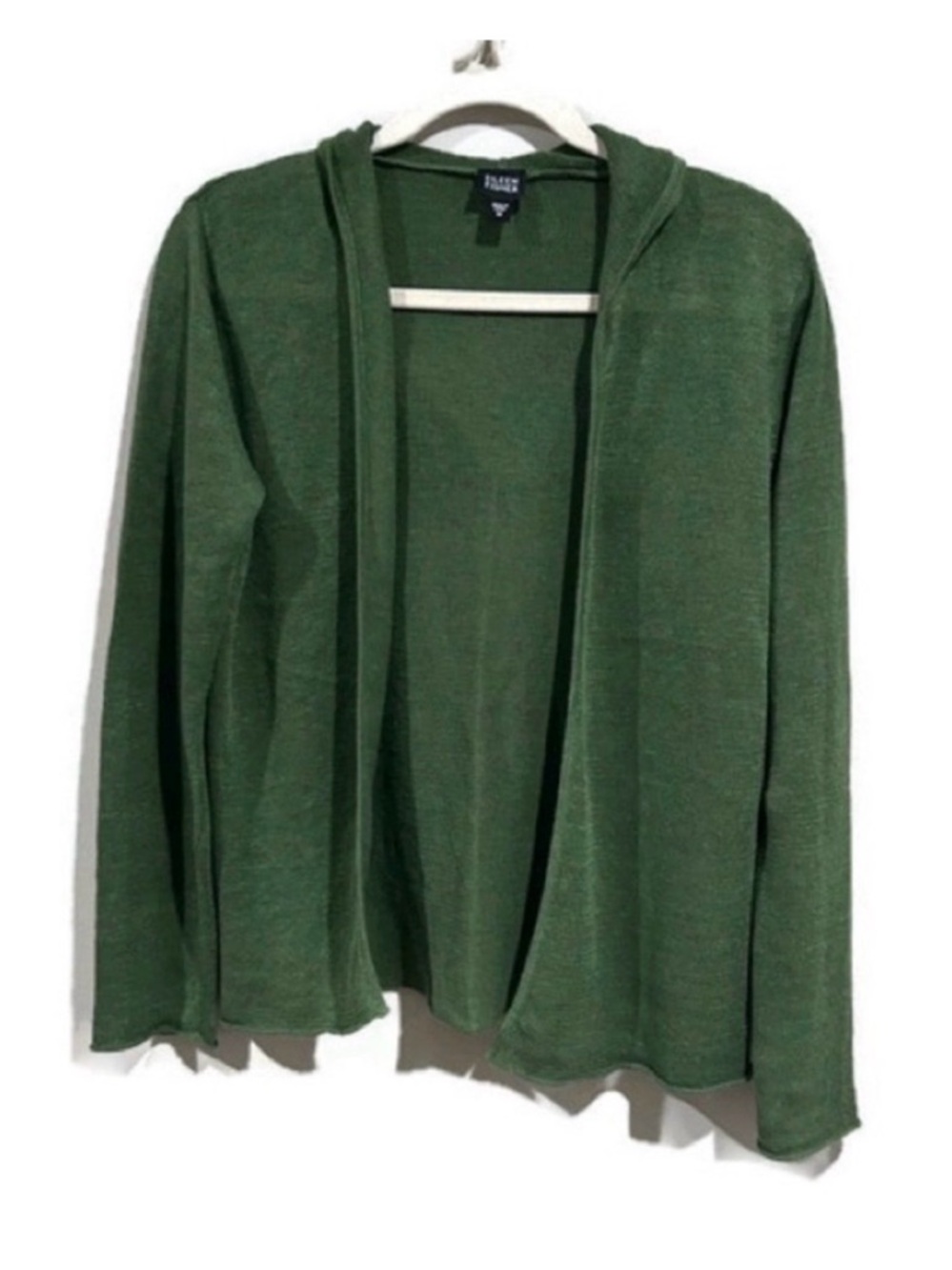 Eileen Fisher Linen Sage Green Hooded Open Front Cardigan